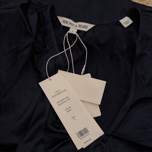 Veronica Beard Deep Navy Satin V-Neck Balloon Sleeve Blouse - Picture 3 of 3